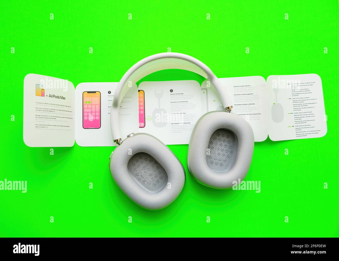 View from above of unboxing process of new AirPods Max wireless Bluetooth  over-ear headphones Stock Photo - Alamy