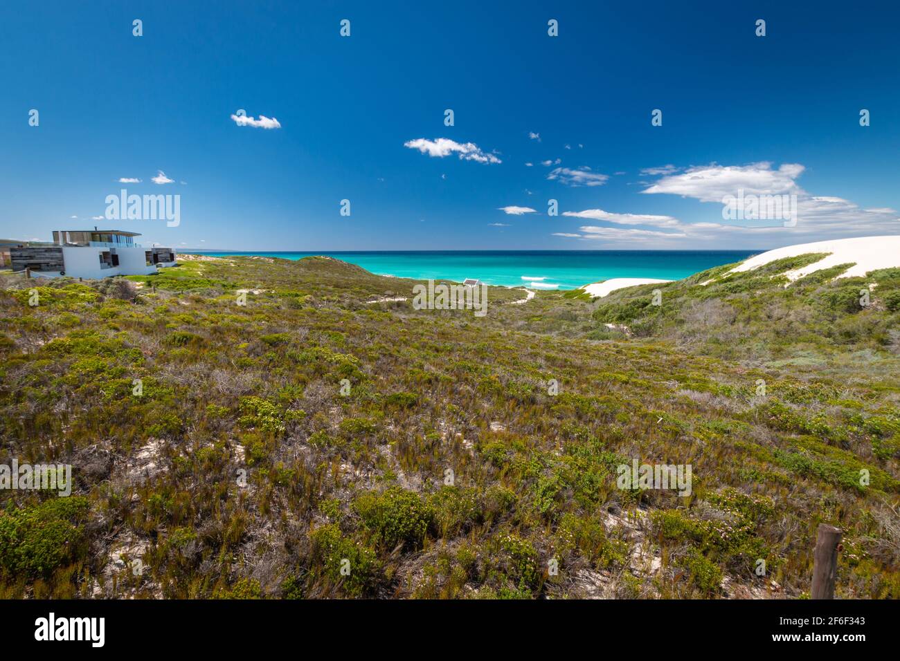 Scenic view of beautiful De Hoop Nature Reserve, South Africa against blue sky with clouds Stock Photo