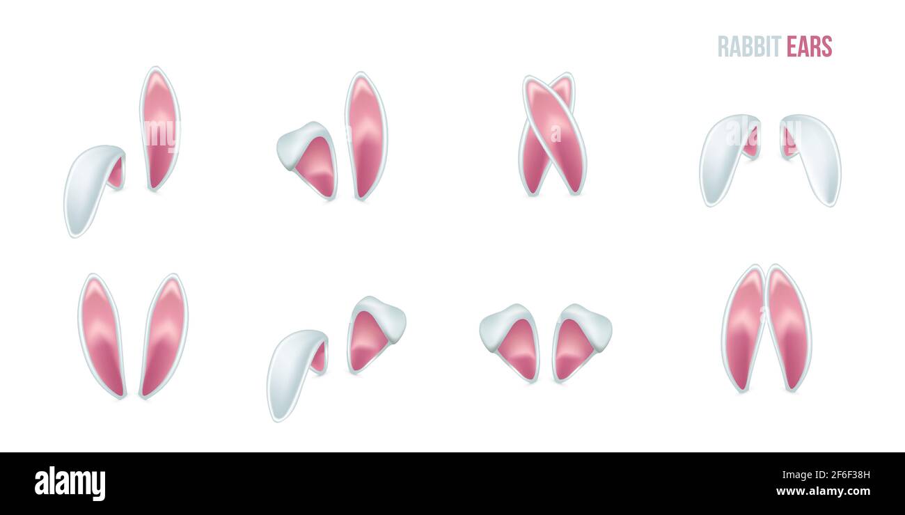 Rabbit ears realistic 3d vector illustrations set. Easter bunny ears kid headband, mask collection. Hare costume pink cartoon element. Photo editor, b Stock Vector
