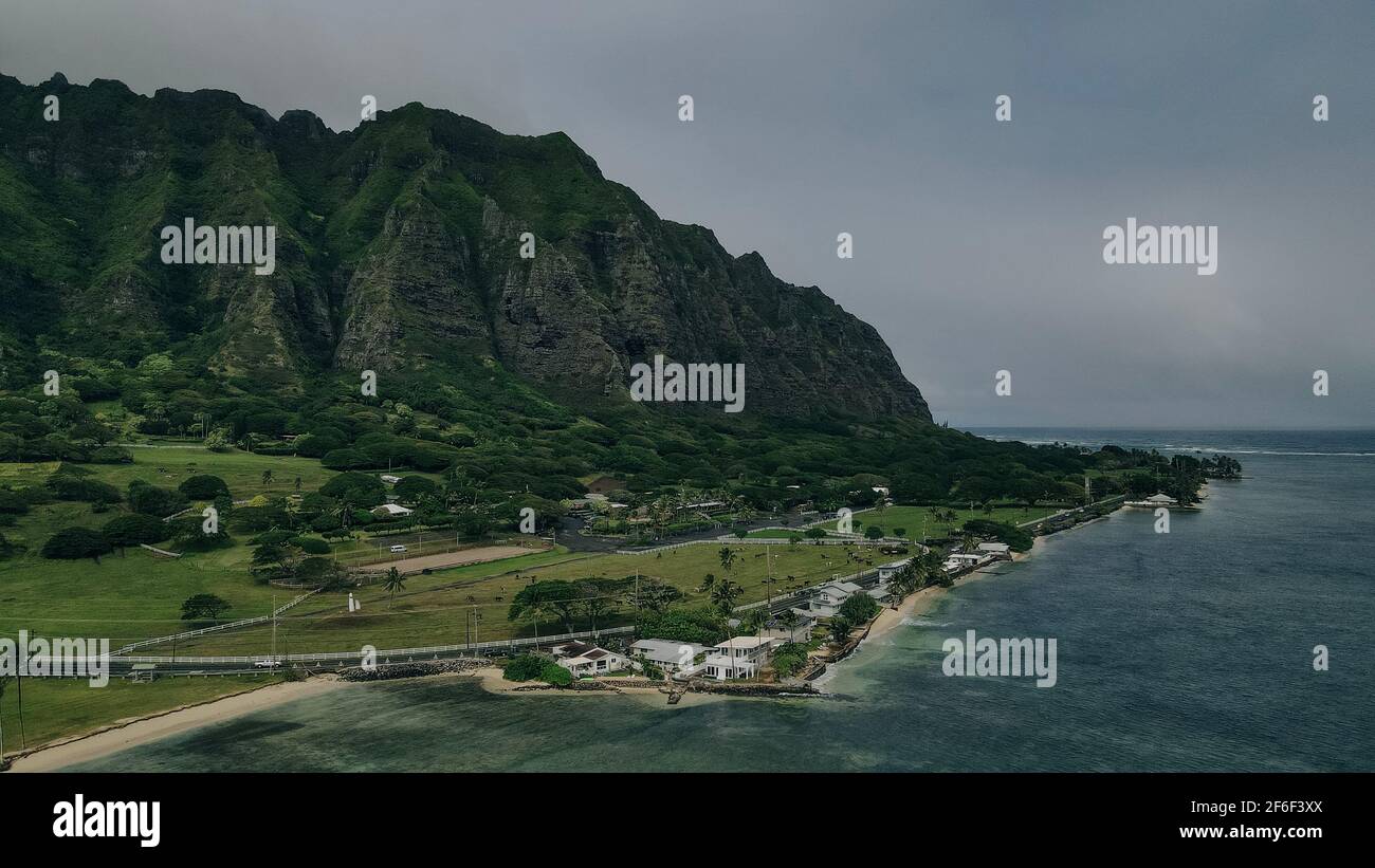 Aerial view of the beach and park at Kualoa with Ko'olau mountains in