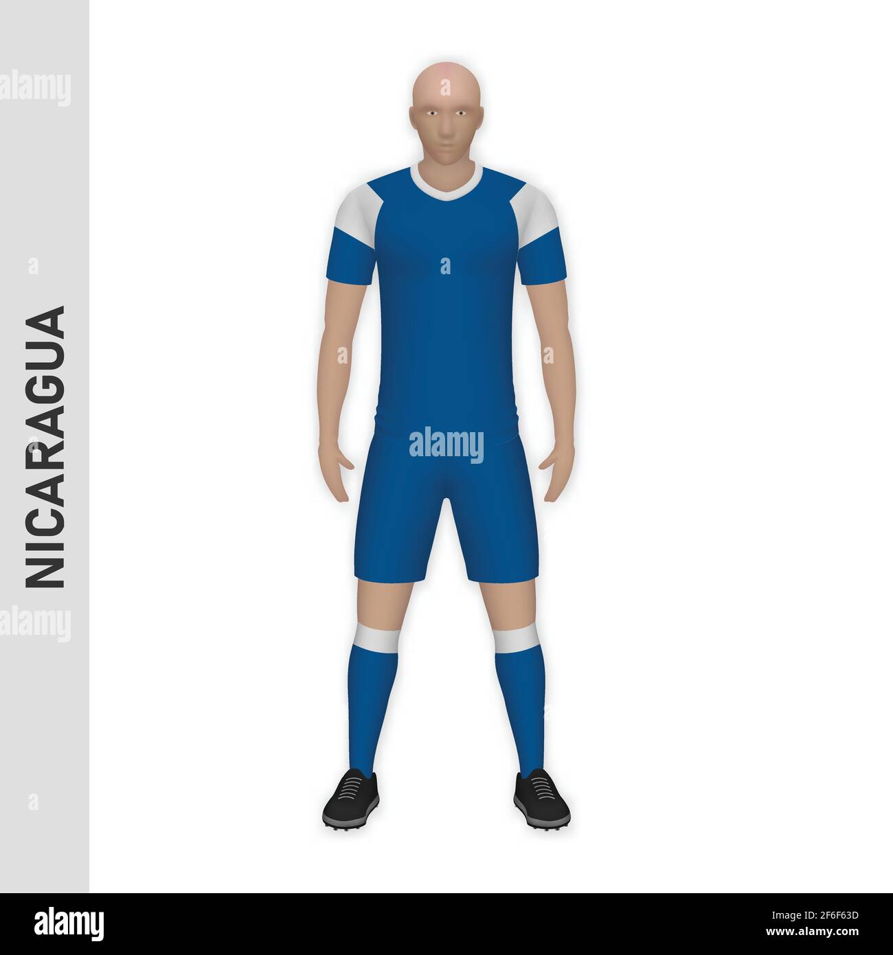 3D realistic soccer player mockup. Nicaragua Football Team Kit template design Stock Vector