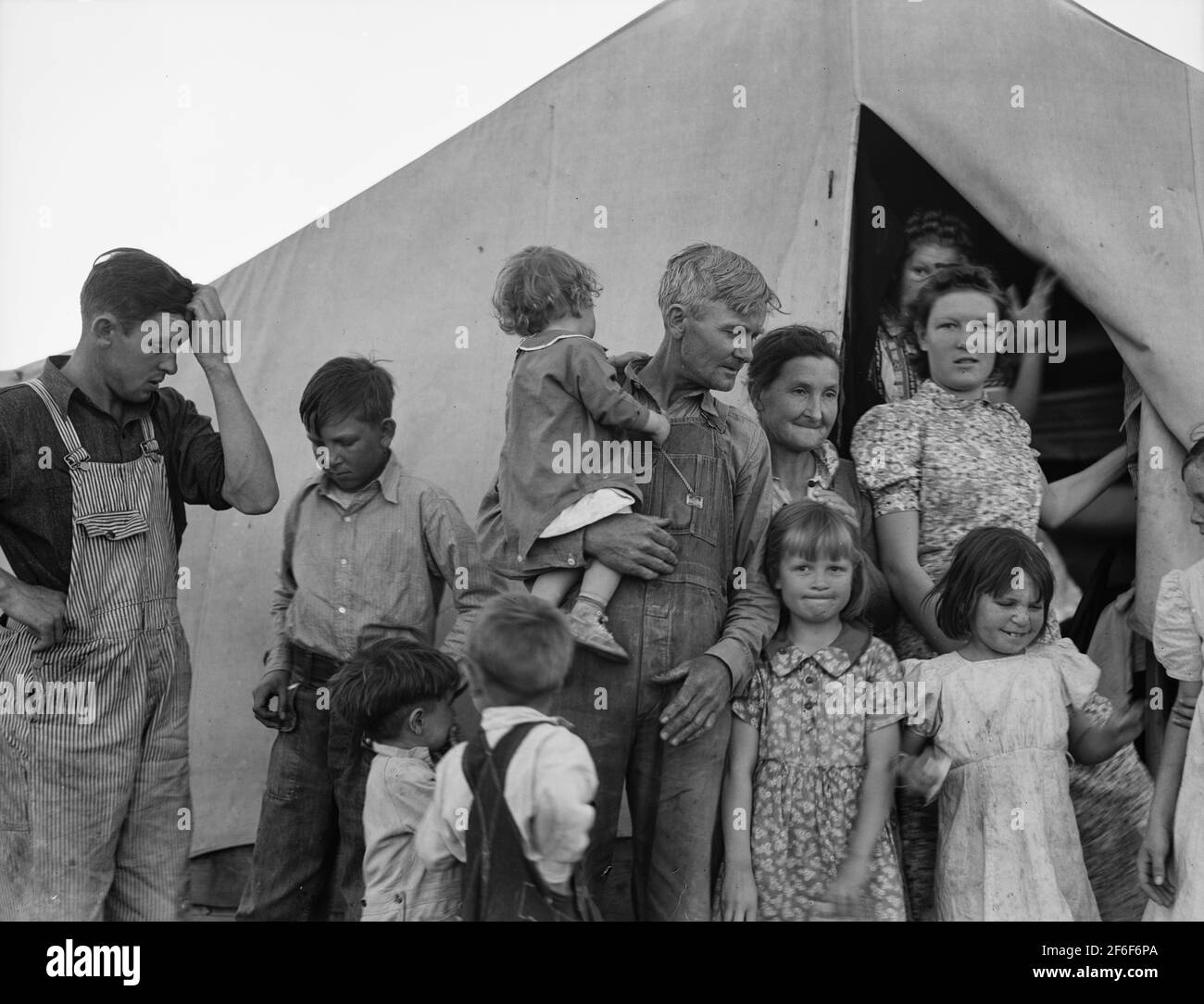 In Farm Security Administration (FSA) migrant labor camp during pea harvest. Family from Oklahoma with eleven children. Father, eldest daughter and eldest son working. She: 'I want to go back to where we can live happy, live decent, and grow what we eat.' He: 'I've made my mistake and now we can't go back. I've got nothing to farm with.' Brawley, Imperial County, California. 1939. Photograph by Dorothea Lange. Stock Photo