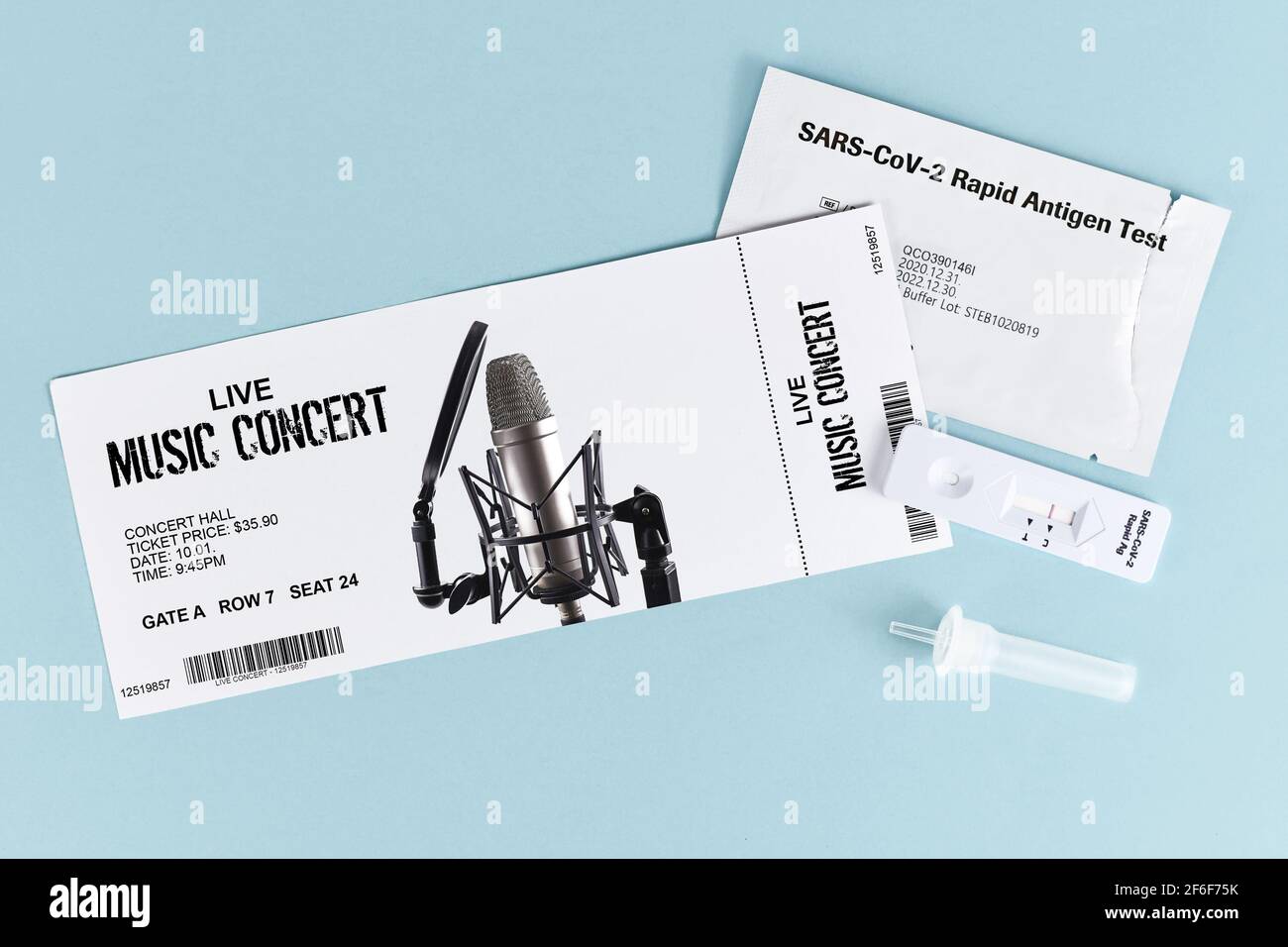 Concept for attending concerts during Corona Virus pandemic with made up ticket and SARS-CoV-2 rapid antigen test with negative result Stock Photo