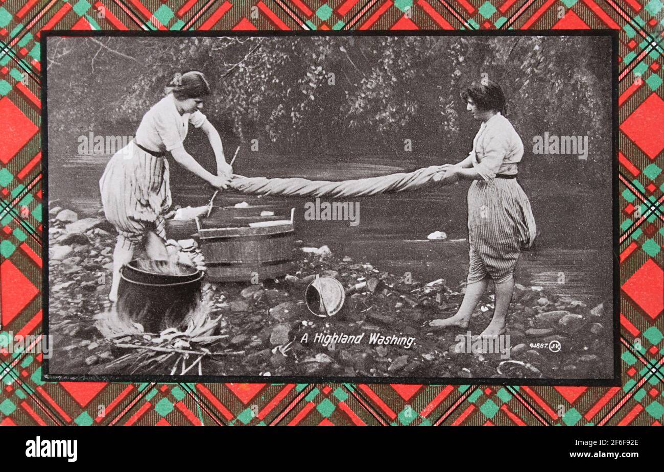Postcard circa 1920 titled 'A Highland Washing'. Stock Photo