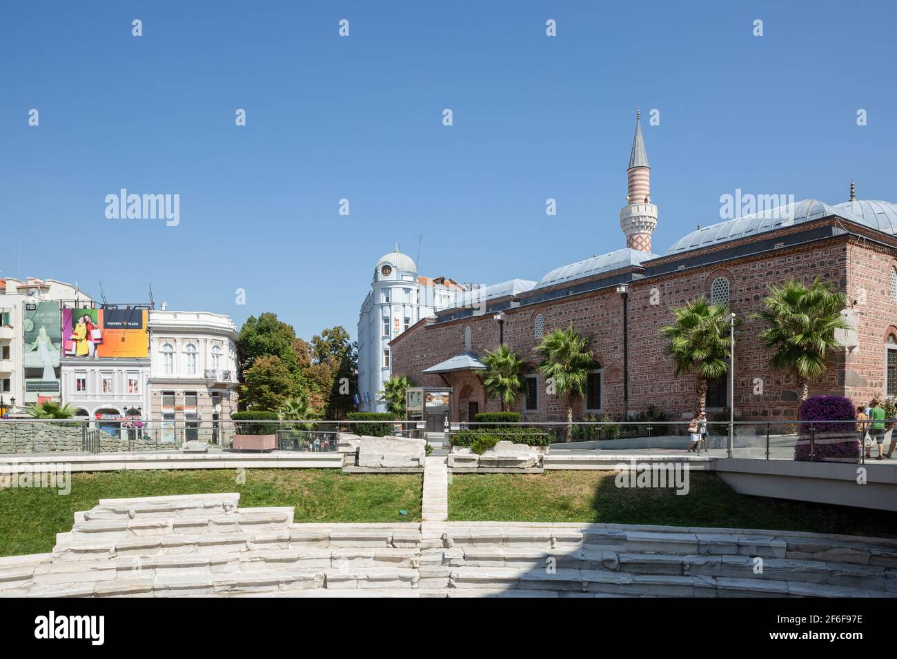 View of Dzhumaya Mosque from the Ancient Stadium of Philipopolis, Plovdiv, Bulgaria Stock Photo