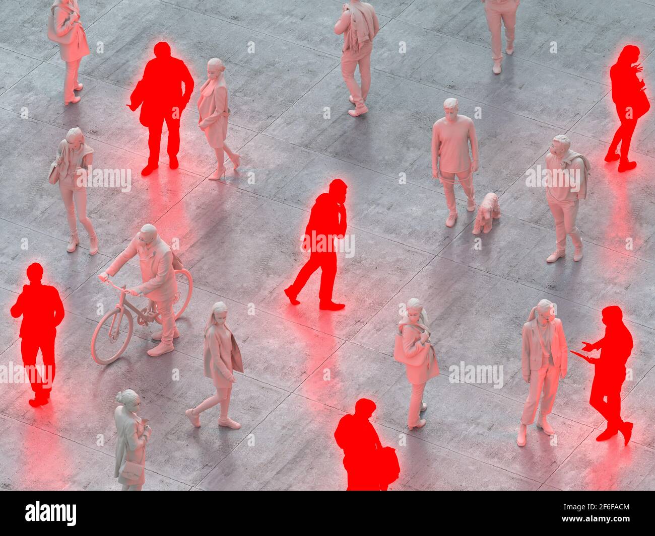 View from above the crowd. Concept of dangerous subject regarding terrorism, pandemic, coronavirus contagion, individual detection. 3d rendering Stock Photo