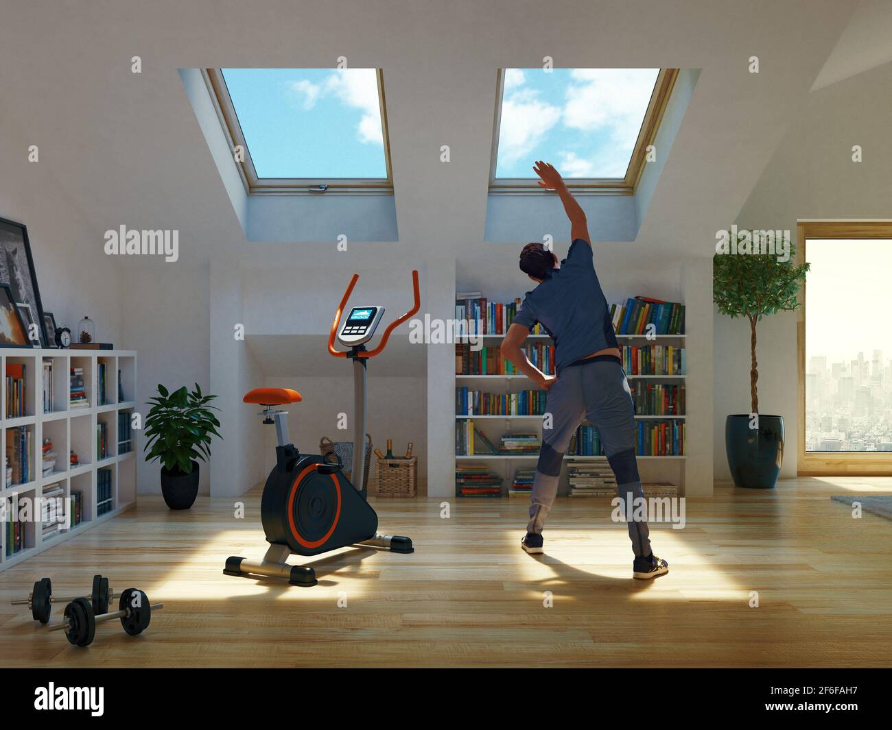 Man exercising at home, stretching legs. 3d rendering Stock Photo