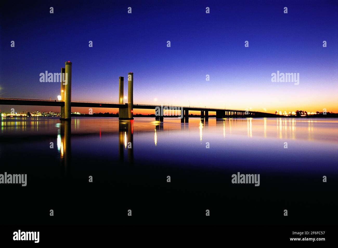 The Guaiba Bridge ( Ponte do Guaiba ) whose official name is Getúlio Vargas Bridge, a movable bridge located over Lake Guaíba in the city of Porto Alegre, capital of the Brazilian state of Rio Grande do Sul. Considered one of the main postcards of the city, it connects the capital to the south of the state. Stock Photo