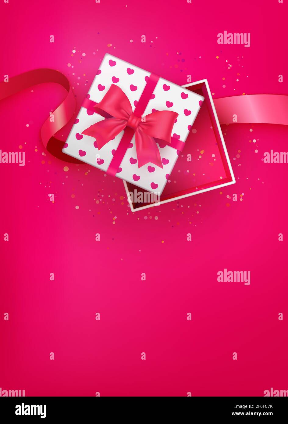 Cute red love heart pattern opened gift box and ribbon Stock Photo - Alamy