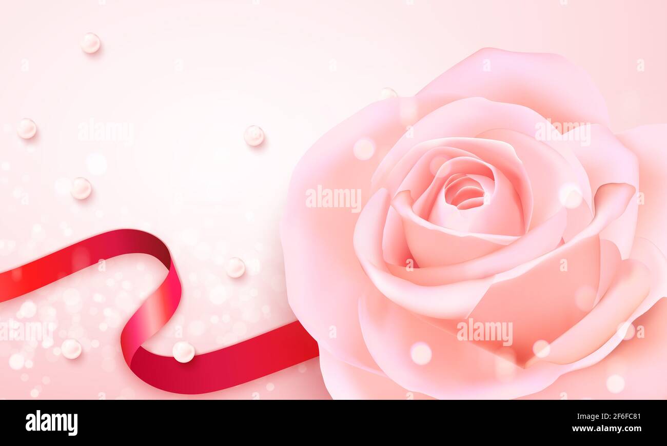 Pink elegant rose flower red ribbon and pearl with shining bokeh