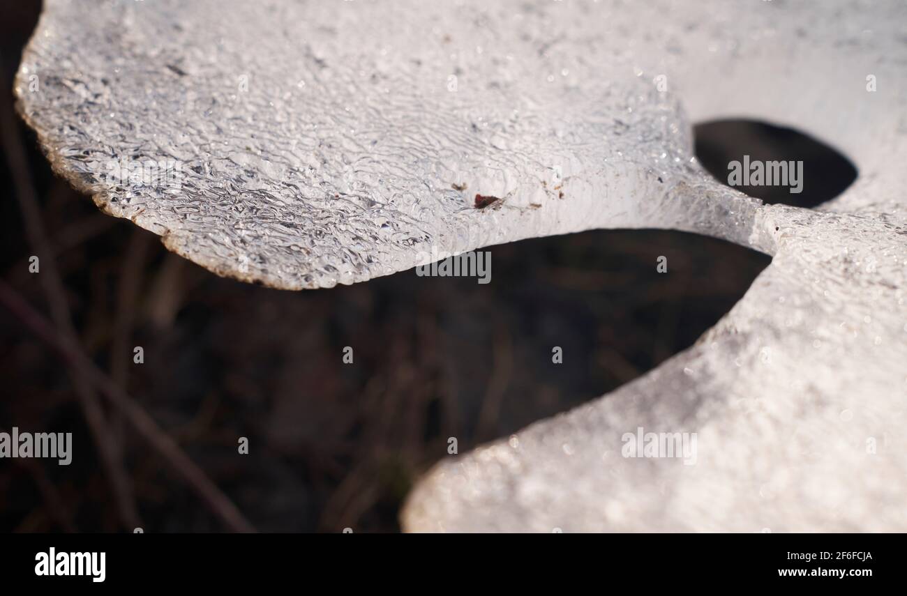 Melted holes in ice in closeup Stock Photo Alamy