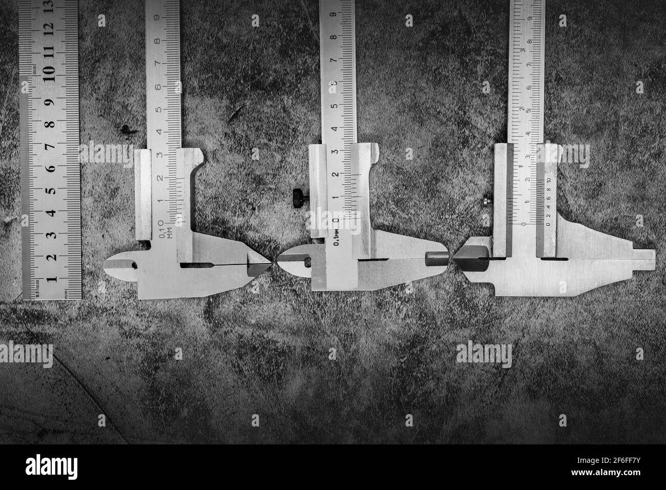 Ruler and Vernier caliper three types on dark greyblack patterns