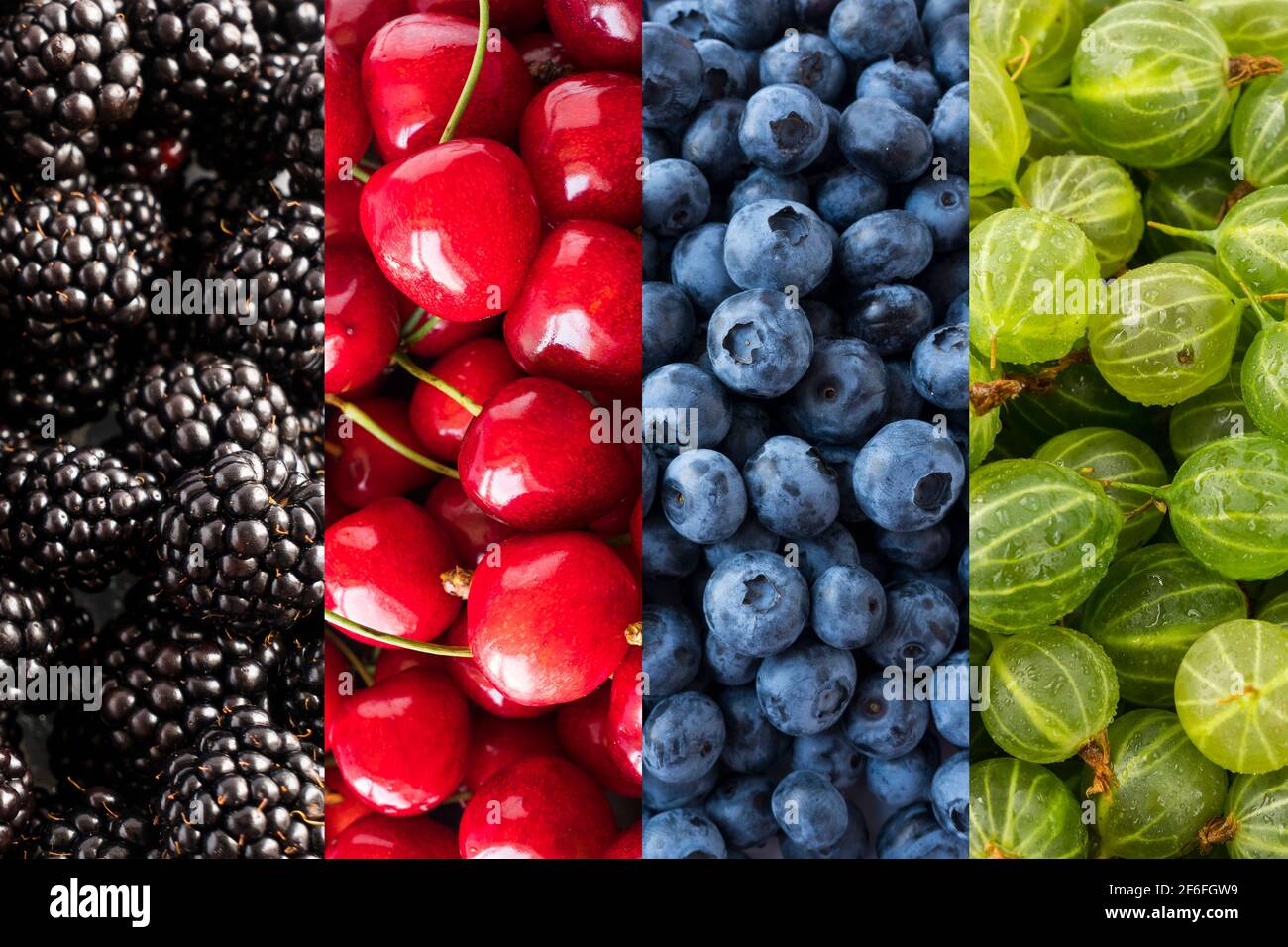 Background of blackberry, cherry, blueberry and gooseberry. Top view