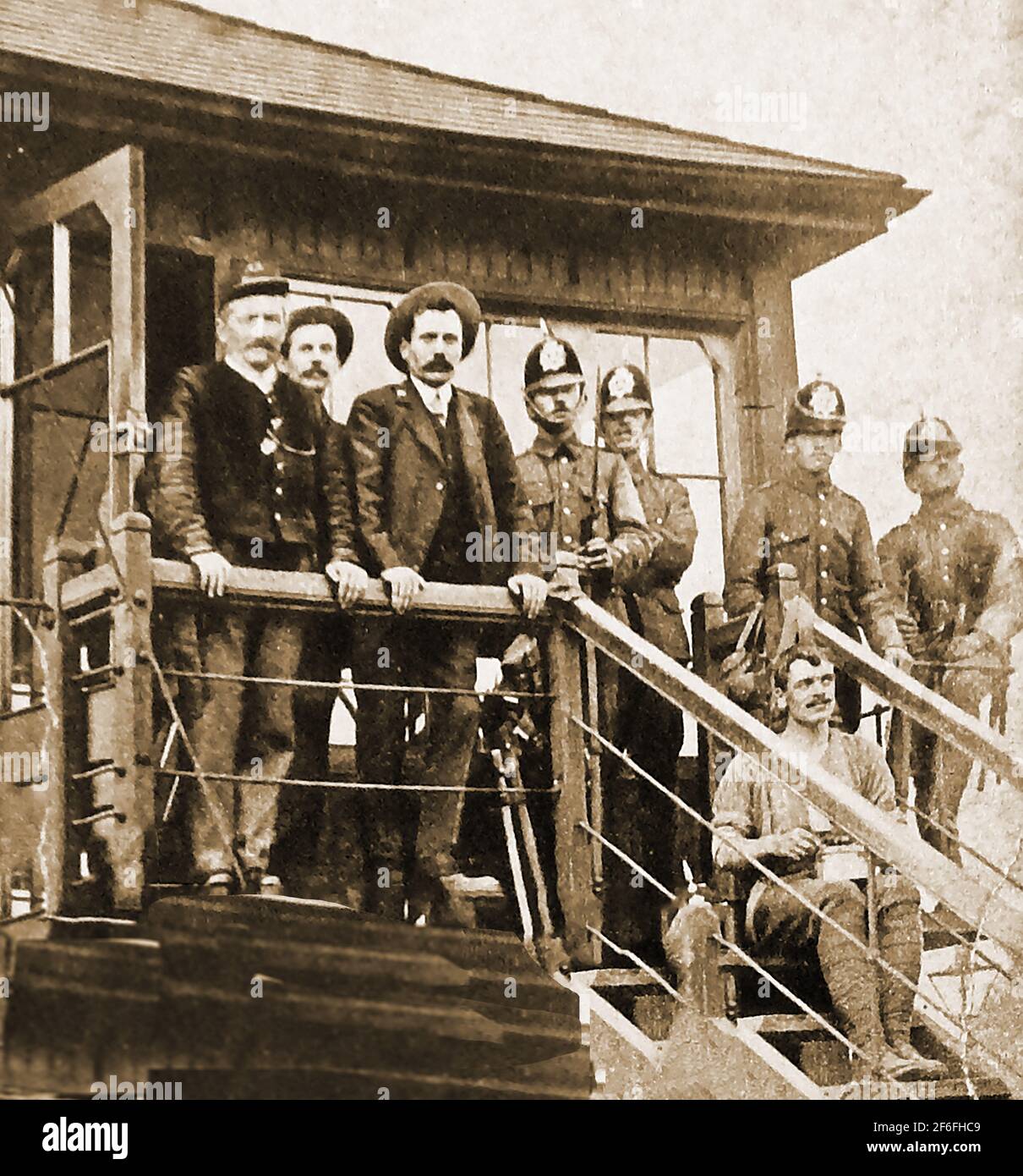 1911 UK Railway Strike - Military guards supervise the signalling staff at the Stockinford signal box during a heatwave. Stockingford has now been incorporated administratively into Nuneaton. Stockingford's   a railway station operated between 1864 and 1968. Stock Photo