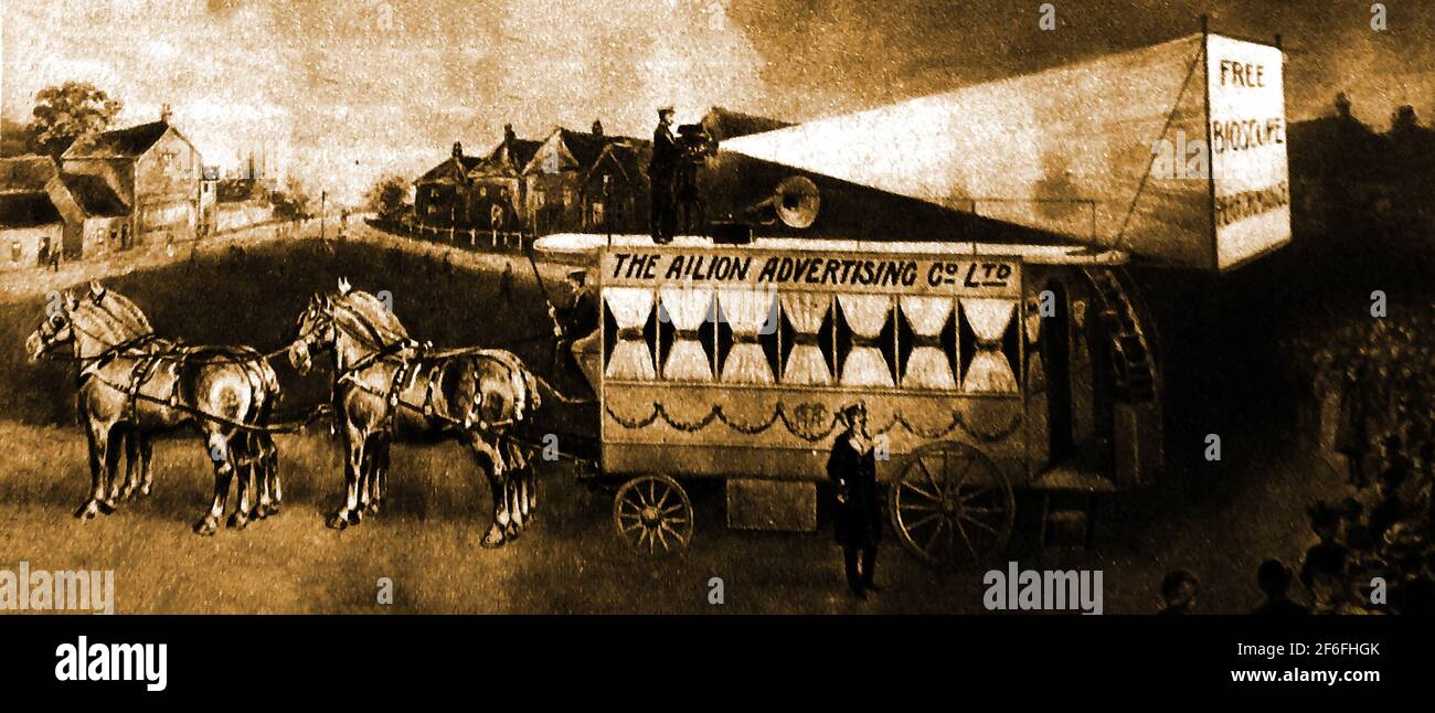 1910 Cinema Industry - An illustration of the time showing a  travelling Bioscope and cinema giving free performances from a van driven by four horses bearing the name THE AILION ADVERTISING CO LTD. Stock Photo