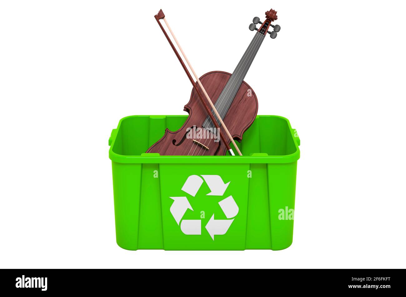 Recycling trashcan with violin. 3D rendering isolated on white