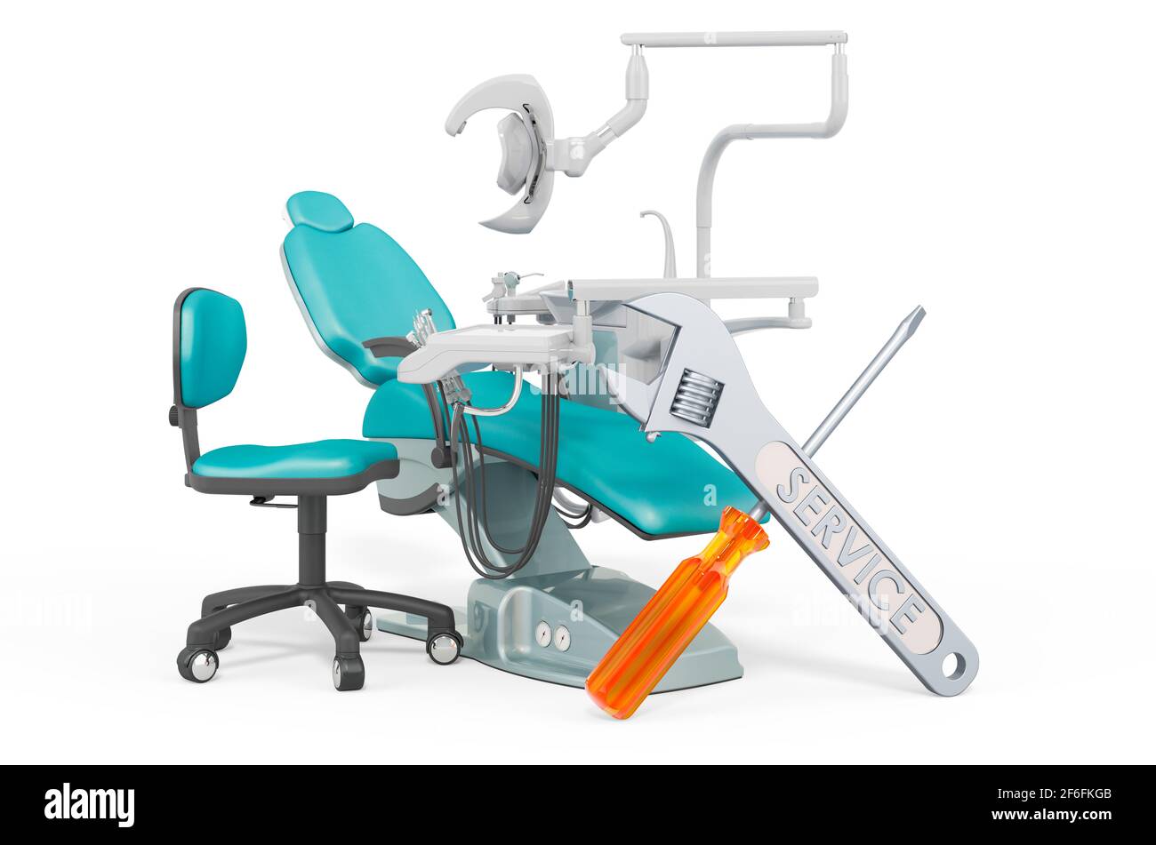 Service and repair of dental chair unit. 3D rendering isolated on white