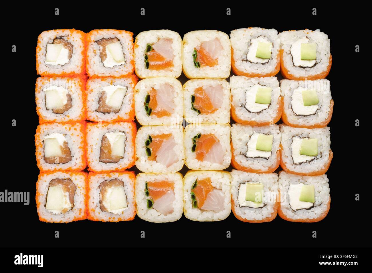 Sushi Roll Set With Salmon Philadelphia Cheese Avocado Masago Caviar Apple Perch Tobiko Caviar Green Onion Soy Paper Unagi Sauce Isolated On Stock Photo Alamy