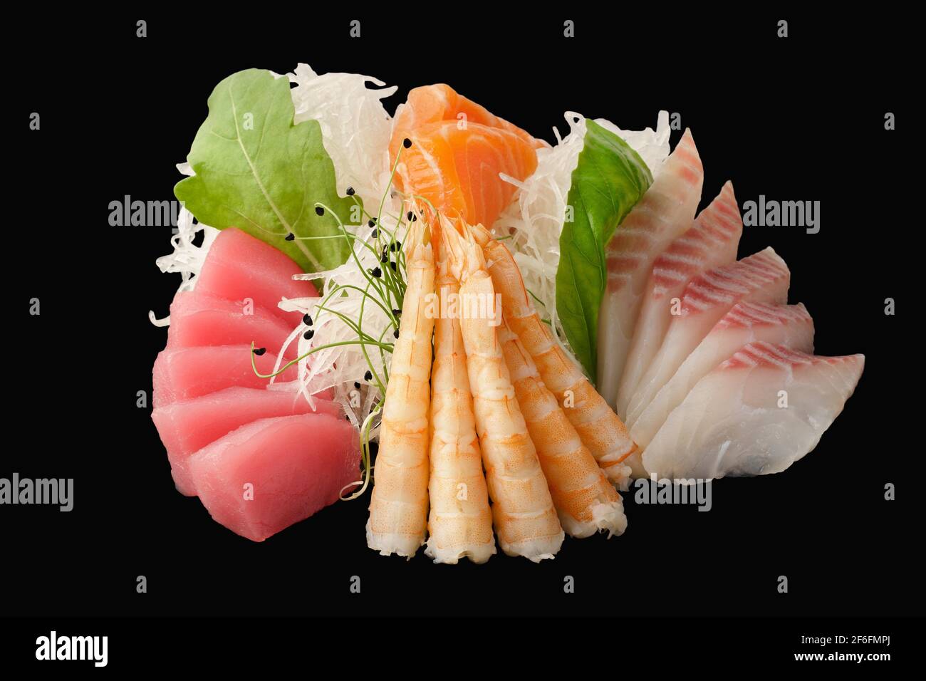 Assorted sashimi salmon, sea bass, tuna, tiger shrimp. Japanese food