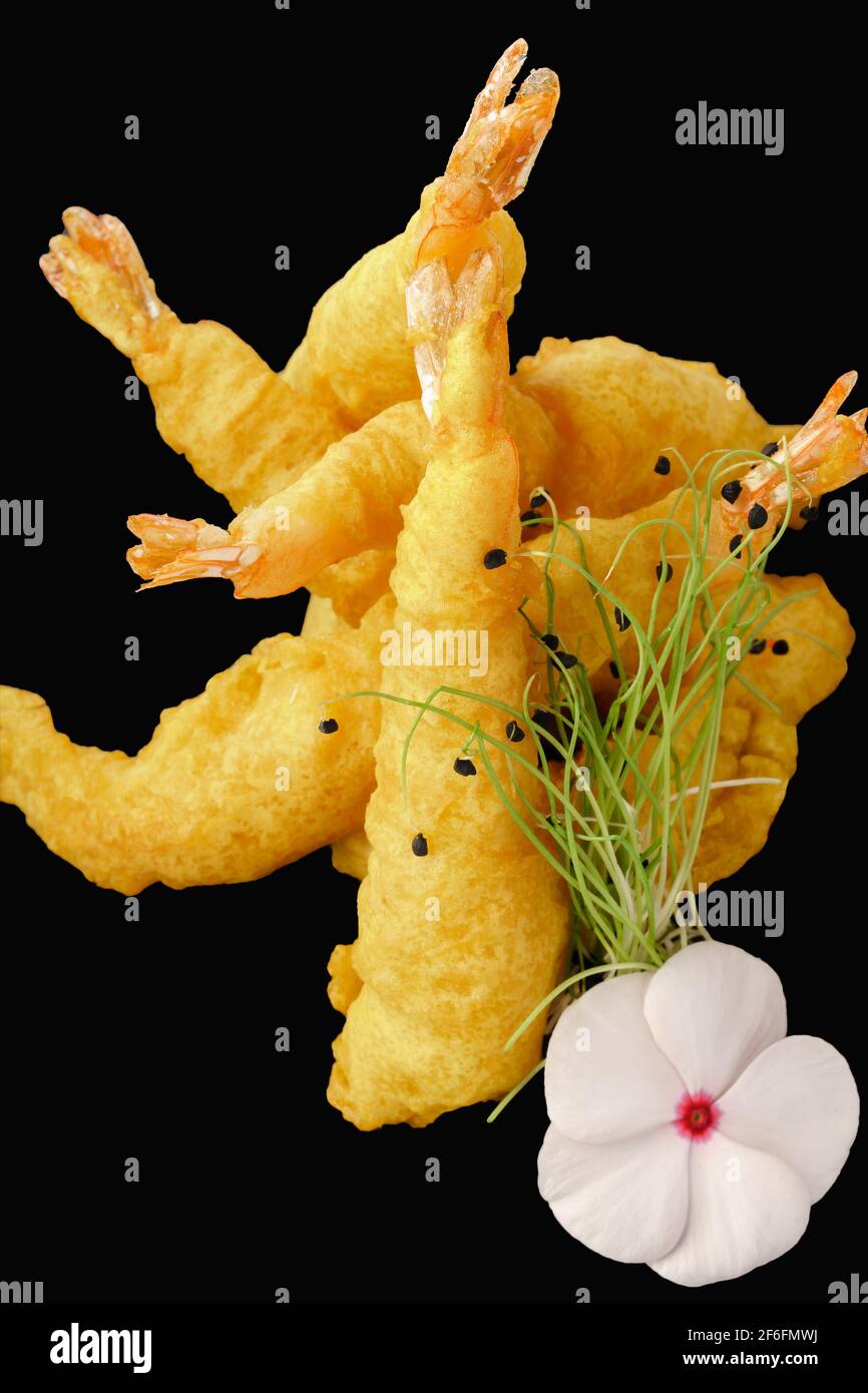 Deepfried tempura prawns. Japanese cuisine style snack. Deepfried