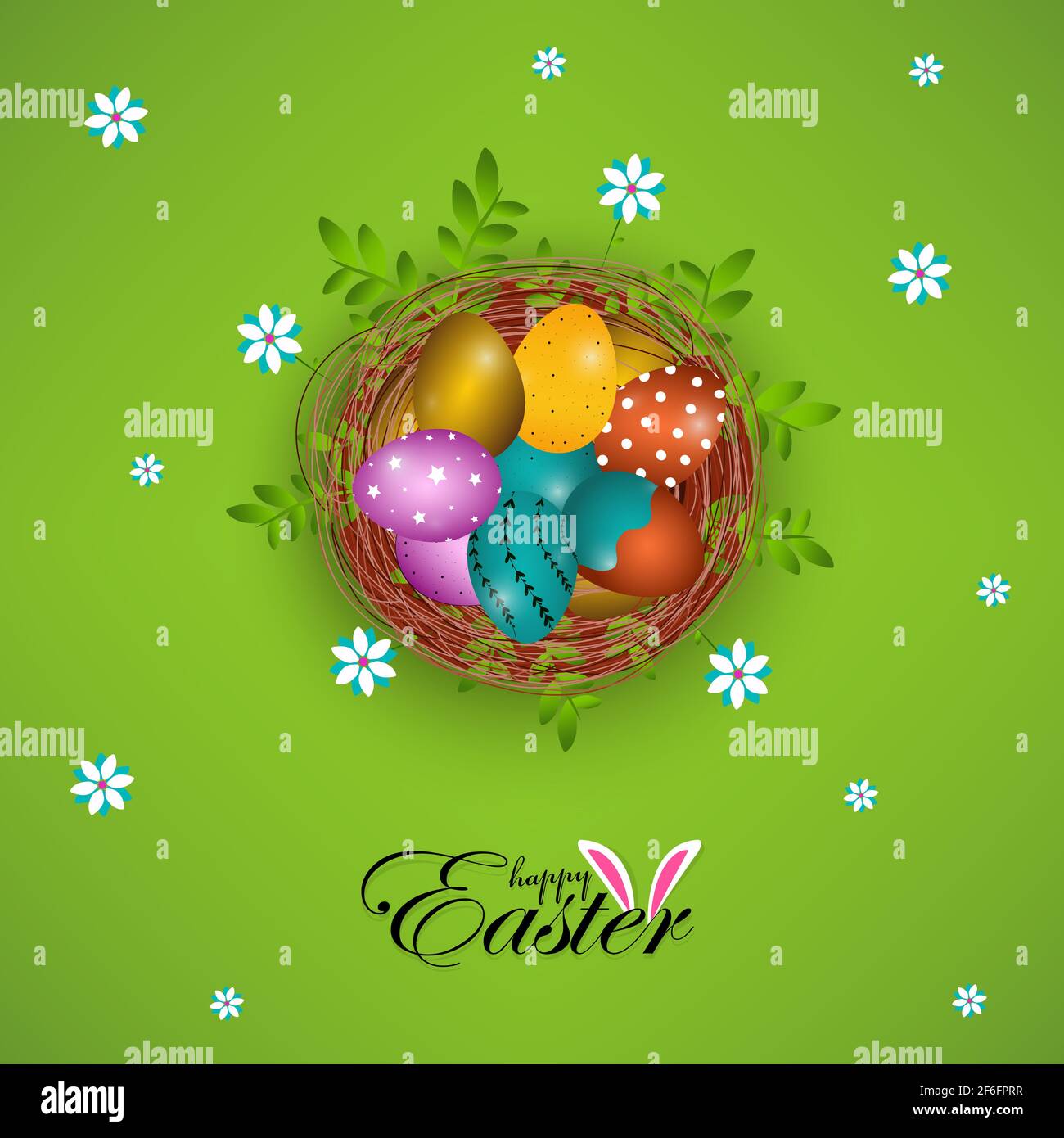 Easter poster and banner template with Easter eggs in the nest on green ...