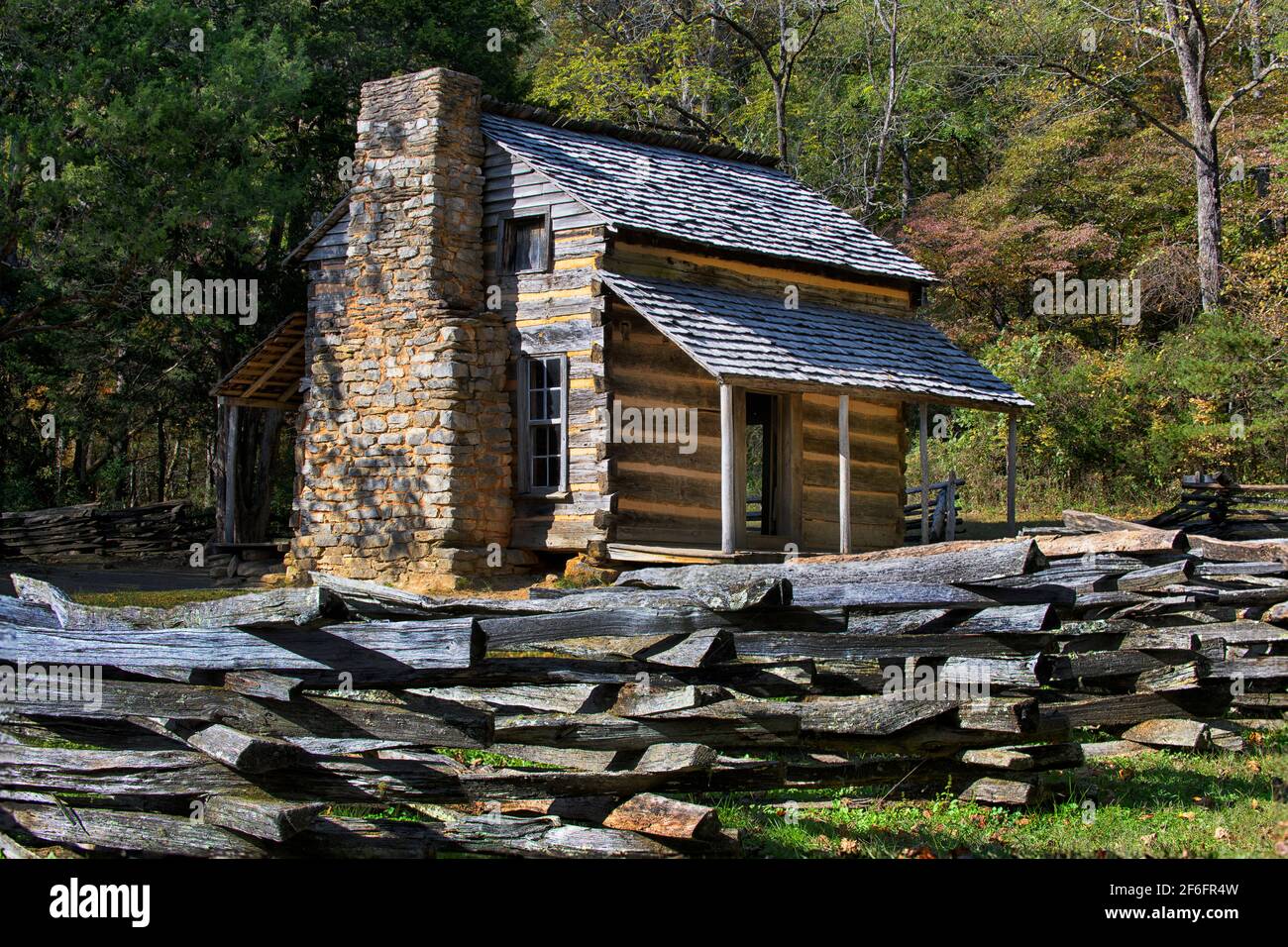 Log house with split rail fence, John Oliver home, Cades Cove,  Great Smoky Mountains National Park, TN Stock Photo