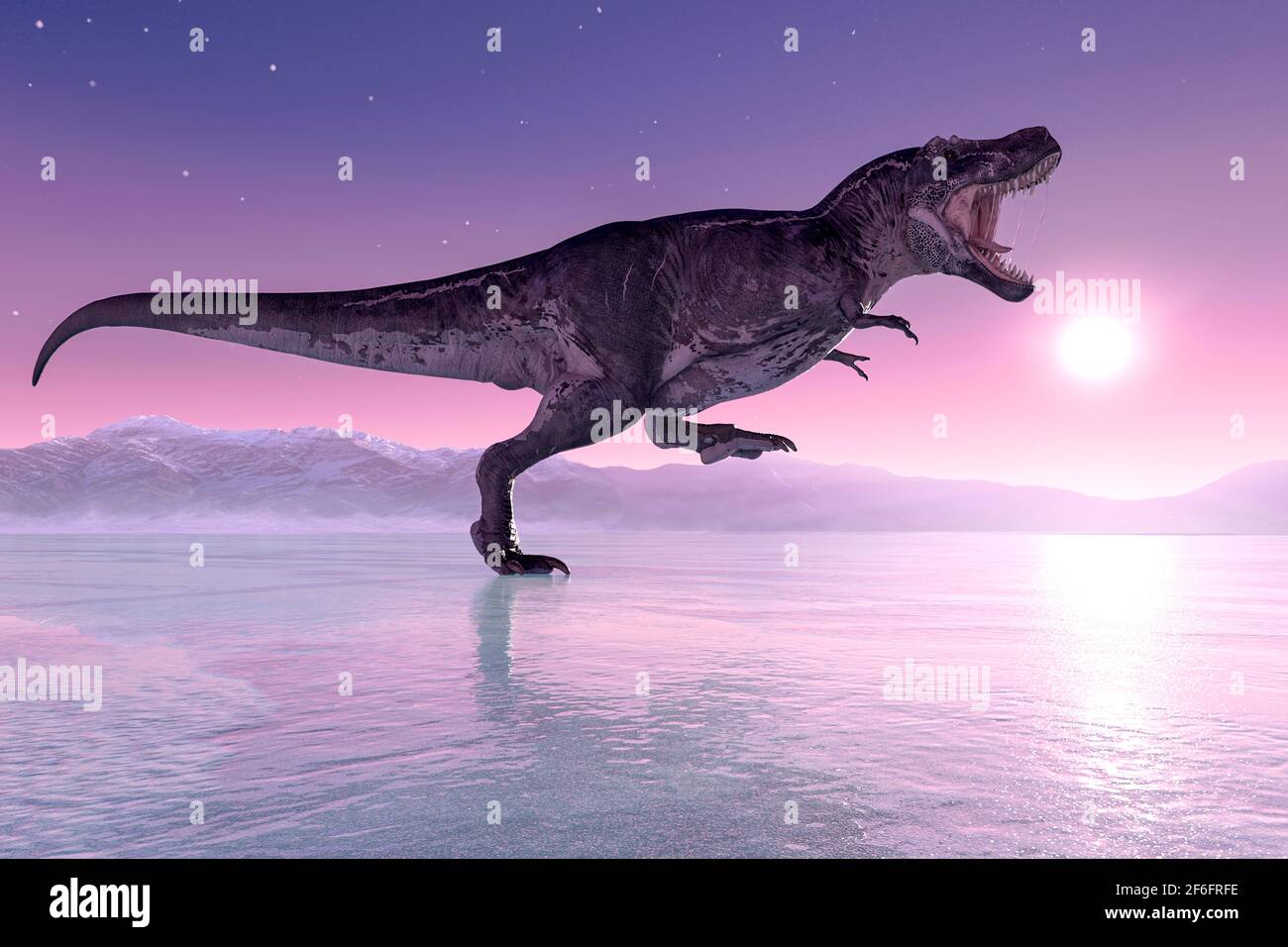 tyrannosaurus rex is running on ice age, 3d illustration Stock Photo - Alamy