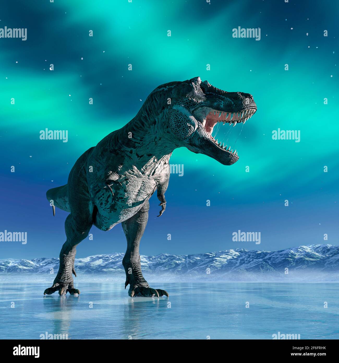 tyrannosaurus rex is walking around on ice age, 3d illustration Stock Photo