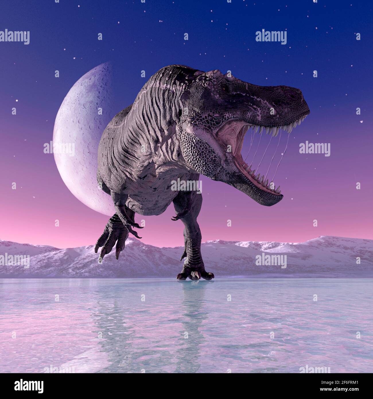tyrannosaurus rex is walking on ice age, 3d illustration Stock Photo