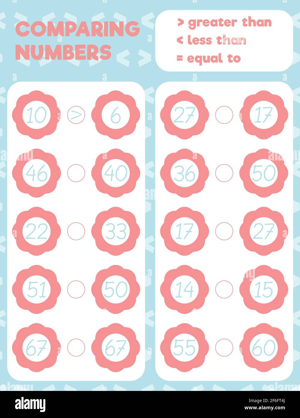 Comparing numbers worksheet practice print sheet. Vector illustration. Stock Vector