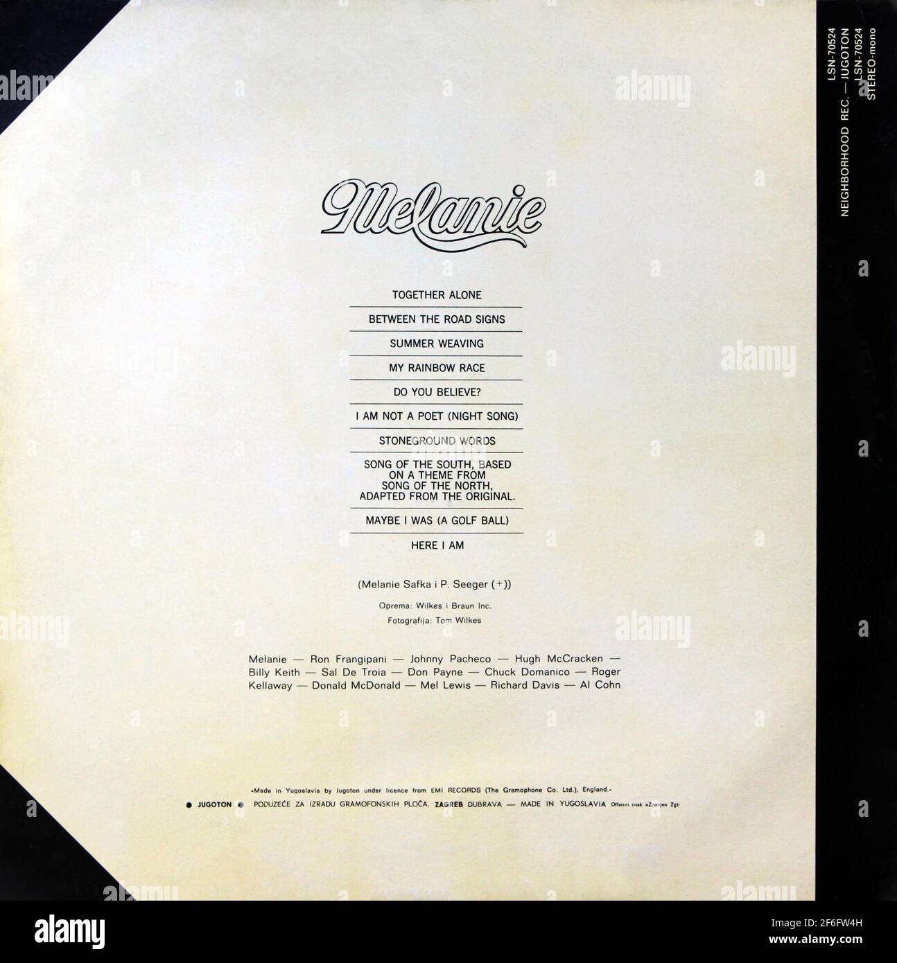Melanie: 1972. LP back cover: Stoneground Words Stock Photo