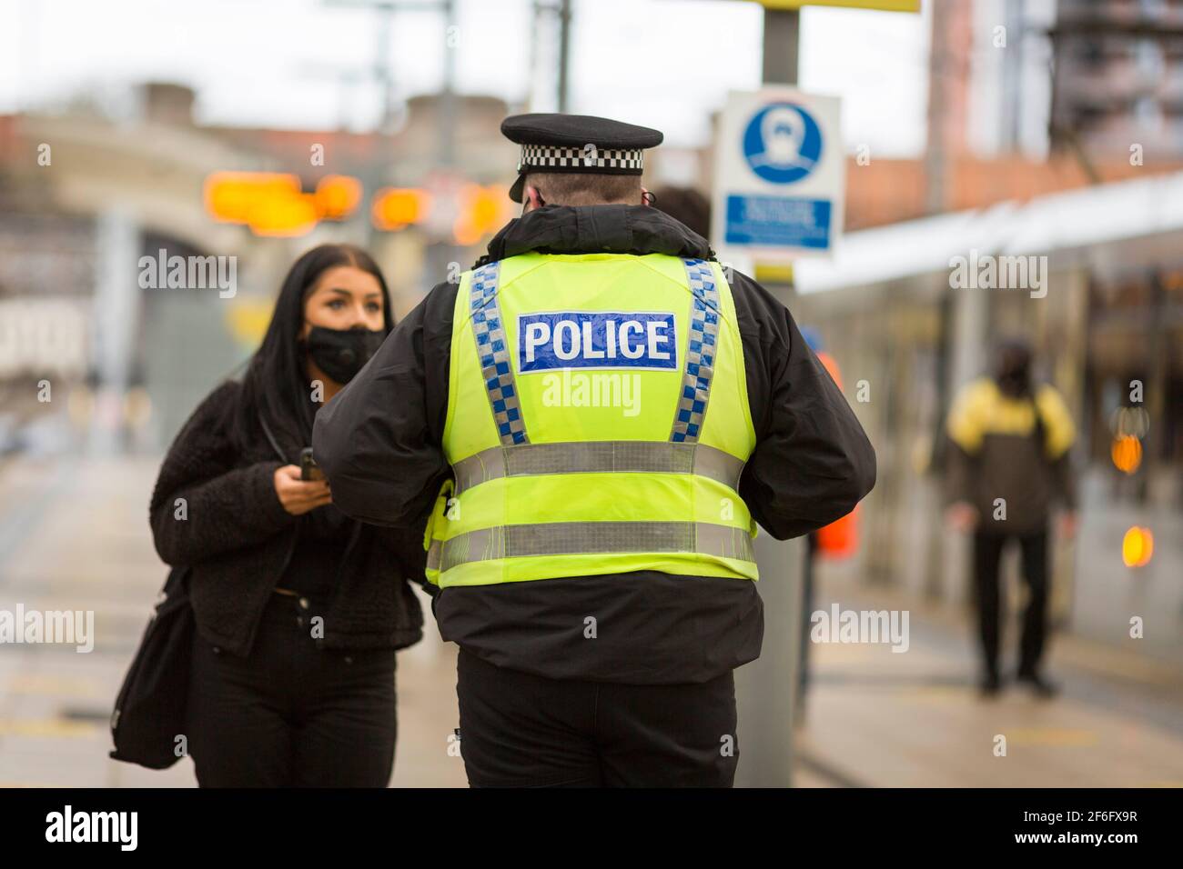 PICTURE BY CHRIS BULL FOR TFGM 17/2/21  TravelSafe Partnership day of action at Manchester Victoria Station. Police patrol during the Covid19 pandemic.  www.chrisbullphotographer.com Stock Photo