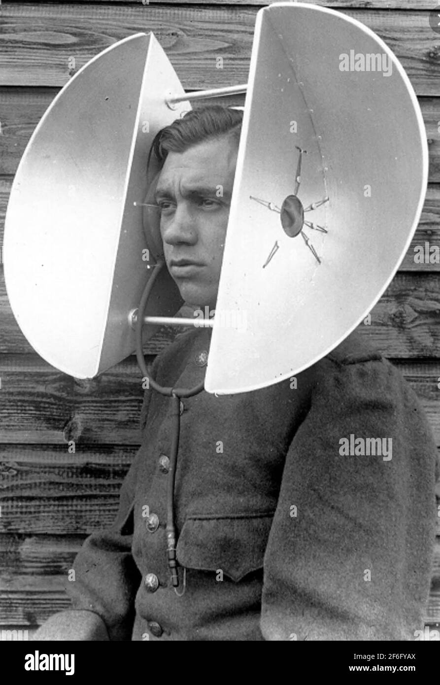 ACOUSTIC LOCATION Dutch head mounted aircraft sound locators about 1935 Stock Photo