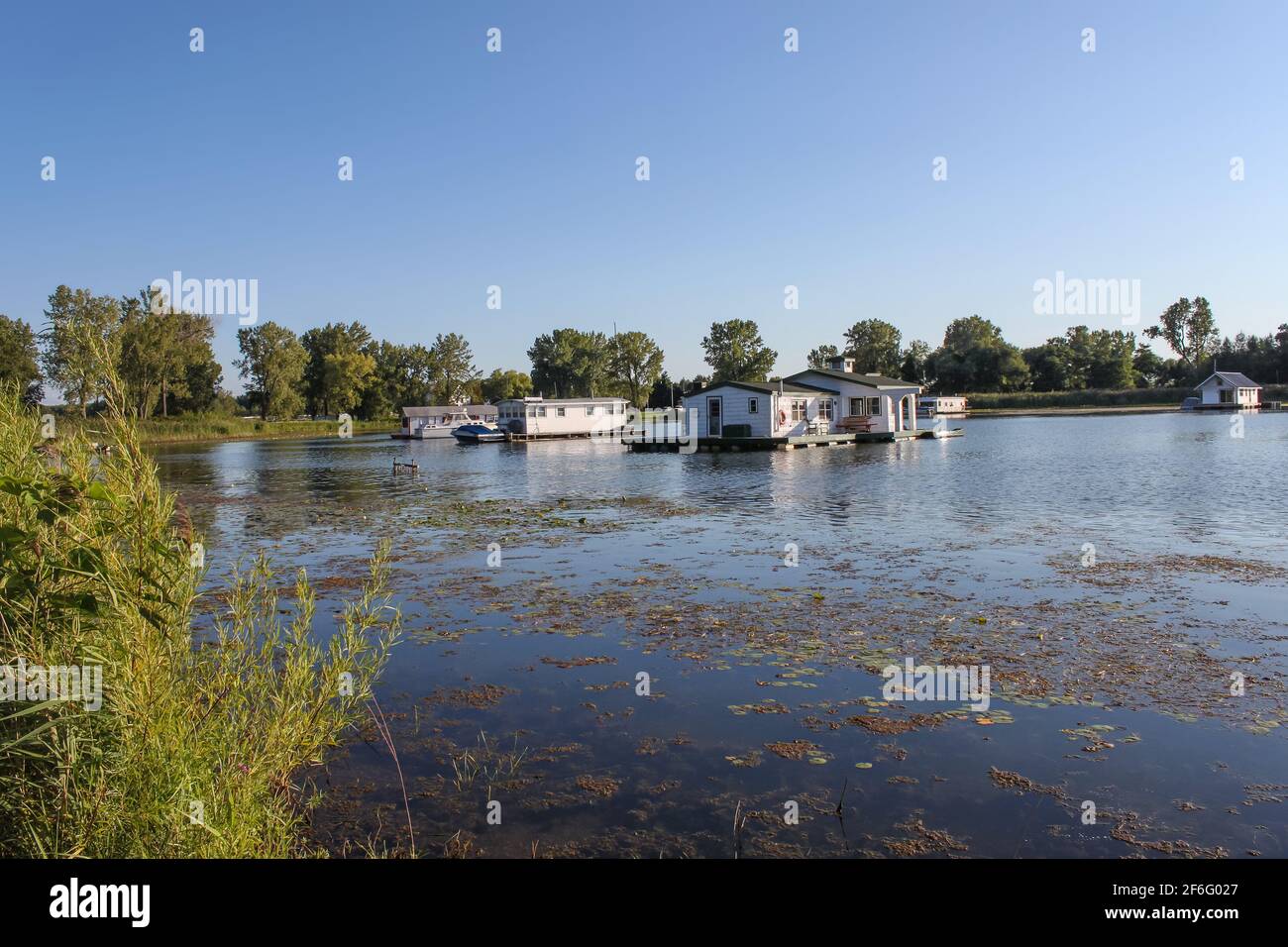 Floating homes on Horseshoe pond in Presque Isle State Park on the pennisula on Lake Erie Stock Photo