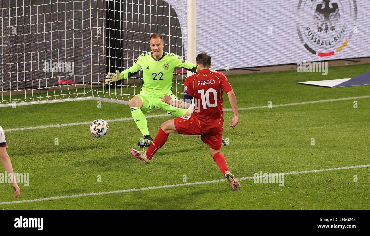 Duisburg, Deutschland. 31st Mar, 2021. firo: 31.03.2021 Football, Soccer: Landerspiel, National Team, World Cup Qualification, World Cup Qualification 2022, Germany, GER - North Macedonia Goran Pandev, shoots, that, goal, to, 0: 1, versus, Marc-Andre ter Stegen | usage worldwide Credit: dpa/Alamy Live News Stock Photo