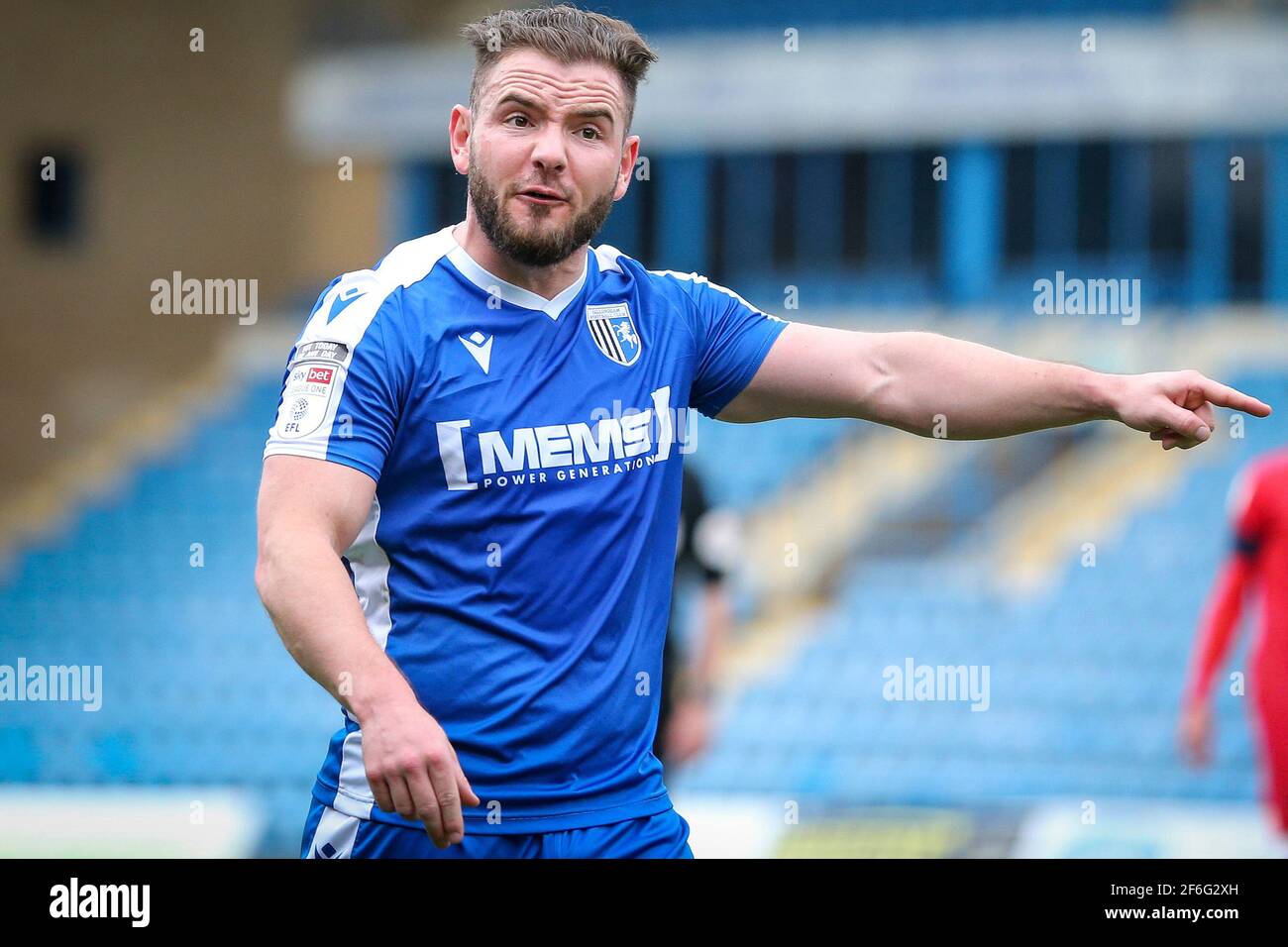 GILLINGHAM, ENGLAND. MARCH 31ST Alex Macdonald of Gillingham companies to  the lineduring the Sky Bet League 1 match between Gillingham and Wigan  Athletic at the MEMS Priestfield Stadium, Gillingham on Wednesday 31st