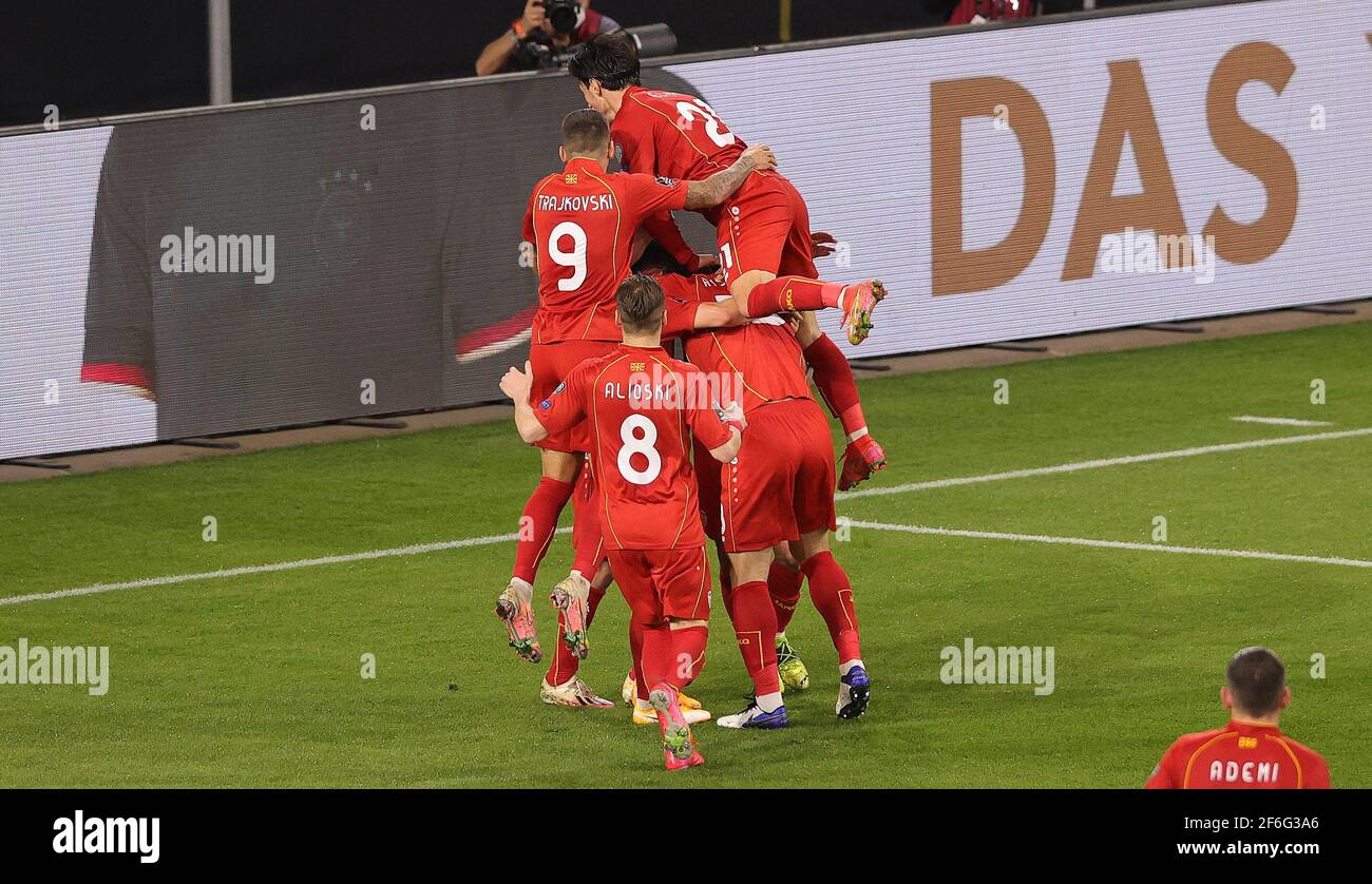 Duisburg, Deutschland. 31st Mar, 2021. firo: 31.03.2021 Football, Soccer: Landerspiel, national team, World Cup qualification, World Cup qualification 2022, Germany, GER - North Macedonia Goran Pandev, shoots, the, goal, to, 0: 1, jubilation, cheers, team jubilation, team jubilation, from, North Macedonia | usage worldwide Credit: dpa/Alamy Live News Stock Photo