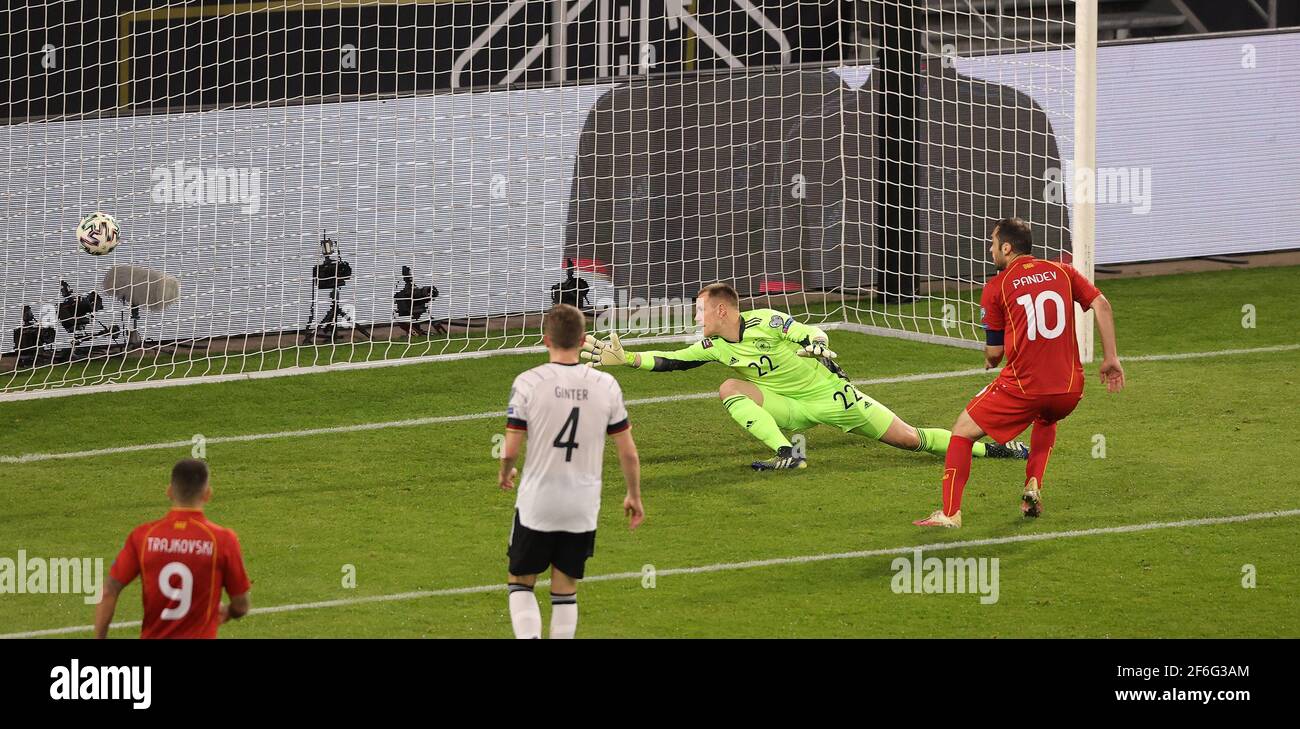Duisburg, Deutschland. 31st Mar, 2021. firo: 31.03.2021 Football, Soccer: Landerspiel, National Team, World Cup Qualification, World Cup Qualification 2022, Germany, GER - North Macedonia Goran Pandev, shoots, that, goal, to, 0: 1, versus, Marc-Andre ter Stegen | usage worldwide Credit: dpa/Alamy Live News Stock Photo
