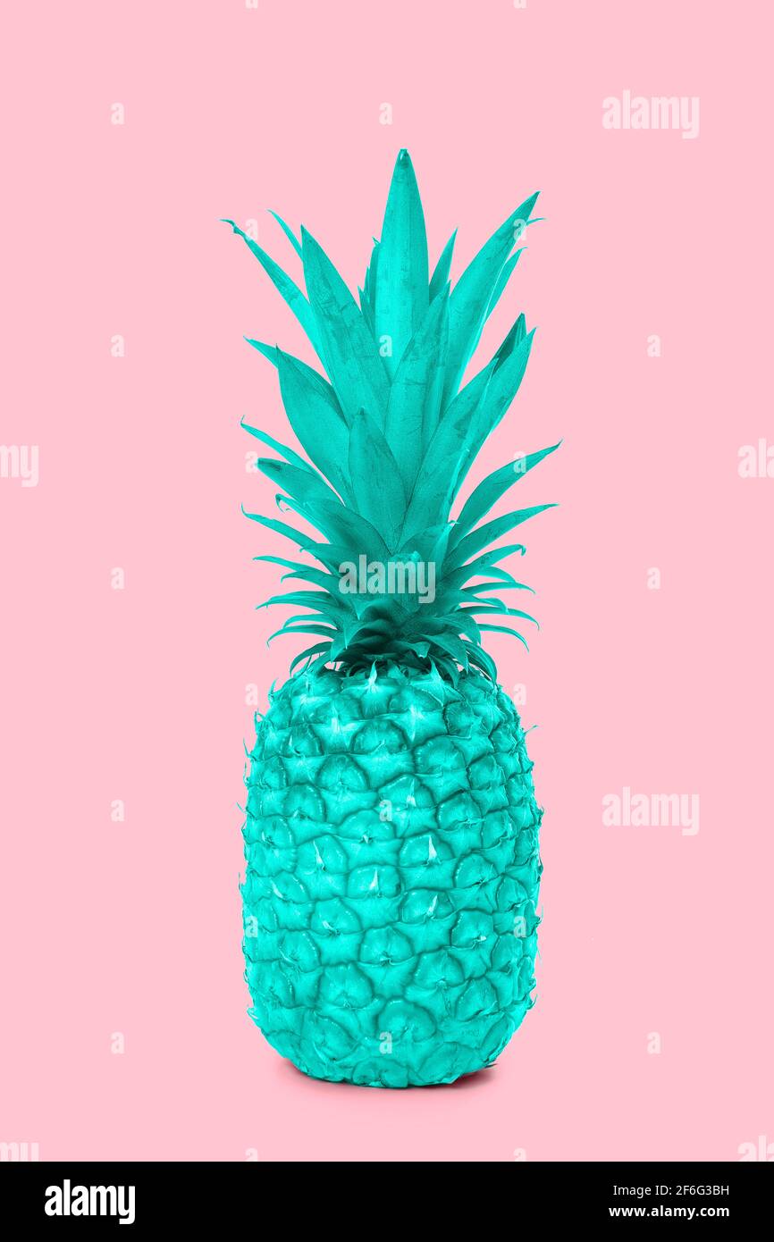 Design turquoise blue pineapple fruit standing on a pink background Stock Photo