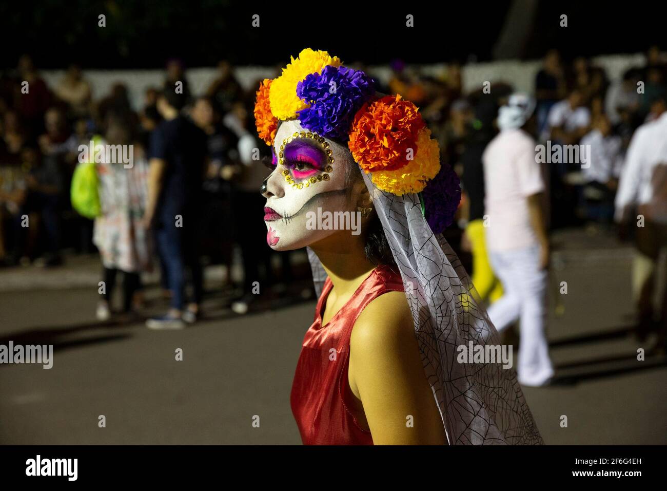 A Mexican woman dresses as a Catrina during Paseo de las Ánimas (“Walk of the souls”), a parade that goes from the General Cemetery to Parque de San Juan during Hanal Pixán in A Mexican woman dresses as a Catrina during Paseo de las Ánimas (“Walk of the souls”), a parade that goes from the General Cemetery to Parque de San Juan during Hanal Pixán in