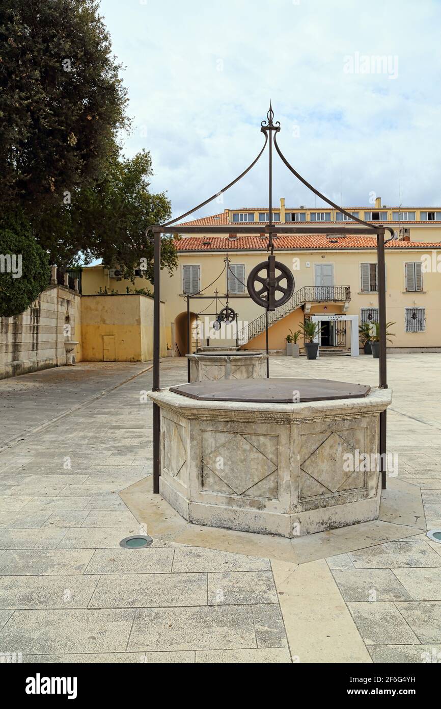 View of three of the wells at The Five Wells Square, Zadar, Croatia Stock Photo