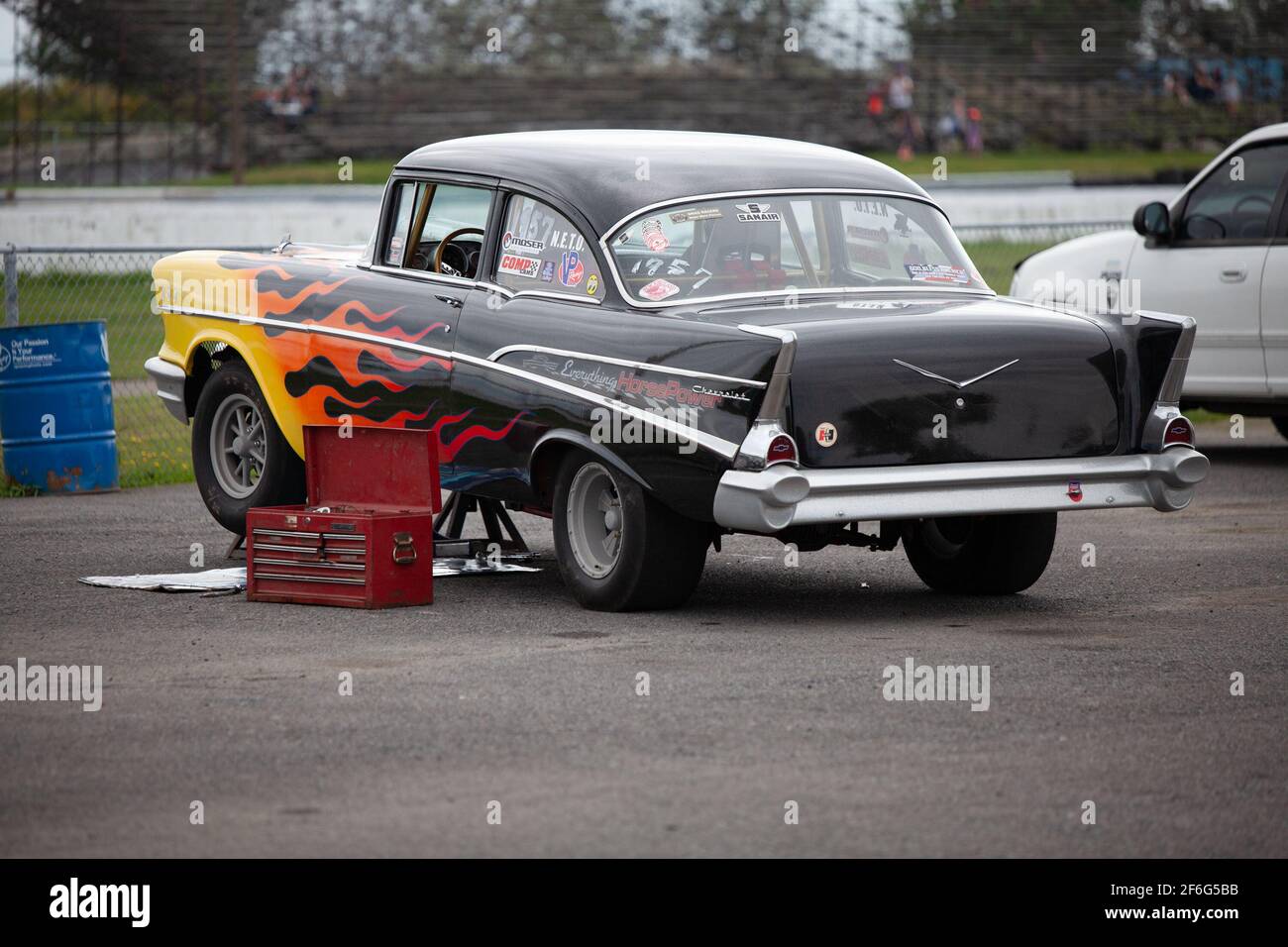 Chevrolet Belair with flames on Napierville Dragway, Quebec, Canada Stock Photo