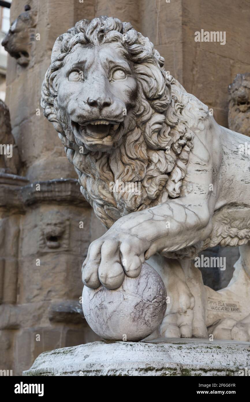 Italy, Toscana, Florence. Piazza Della Signoria, Palazzo Vecchio. Lion sculpture Stock Photo