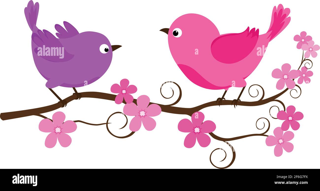 Cartoon love birds sitting on a flower tree illustration vector ...