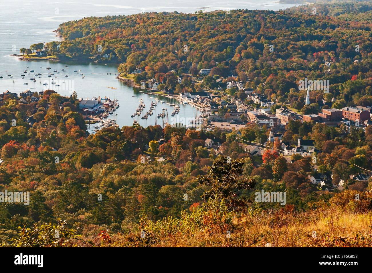 View of Camden, Maine from the top of Mt. Battie in Camden Hills State Park. USA. Stock Photo