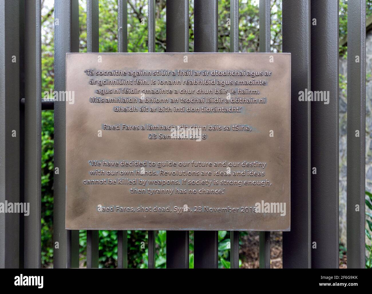 Raed Fares (1972-2018). A plaque commemorating the Syrian journalist in The Memorial to Human Rights Defenders in the Iveagh Gardens in Dublin. Stock Photo
