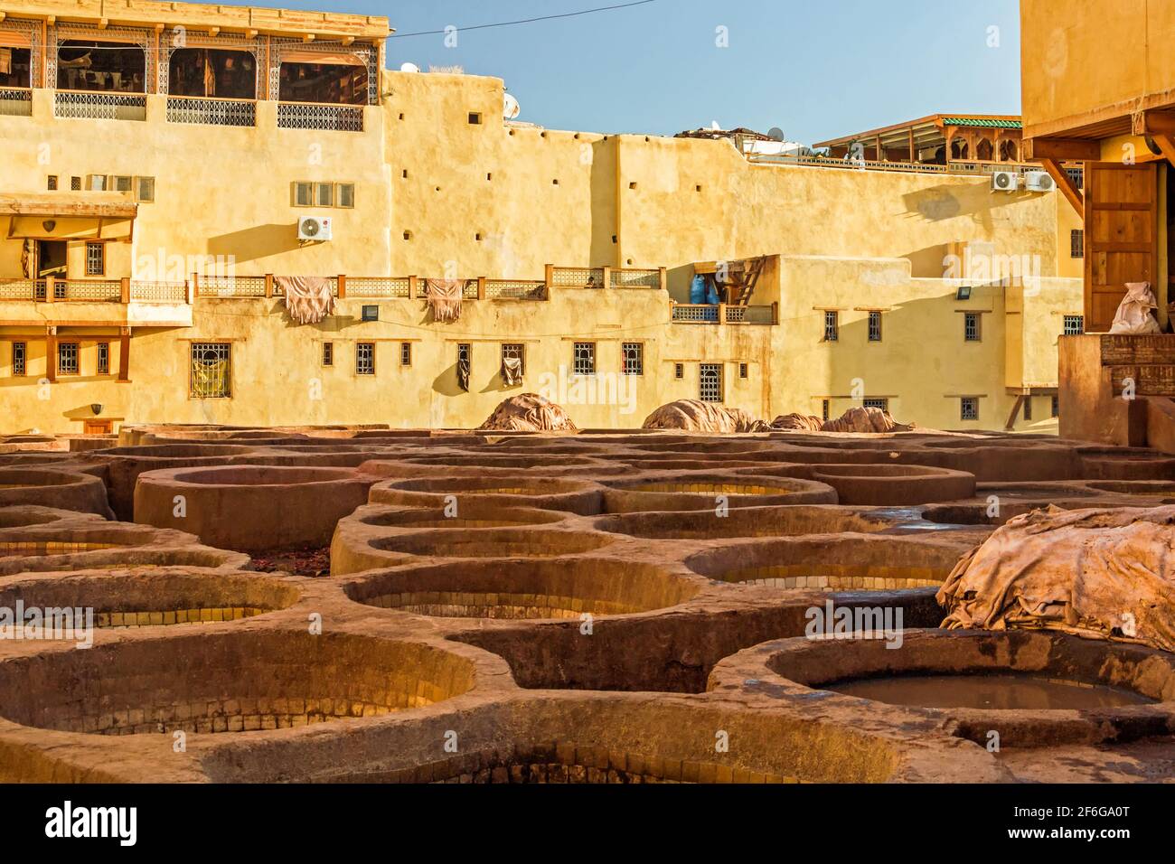 colorful dye vats at Chouara Tannery in Fez Morocco Stock Photo