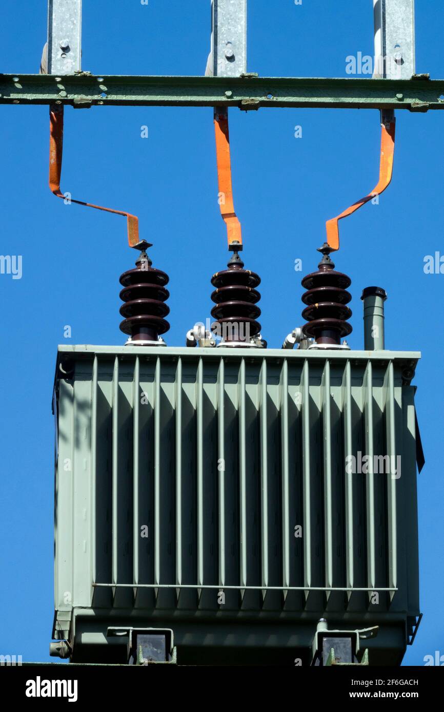 Oil electrical transformer high voltage Stock Photo