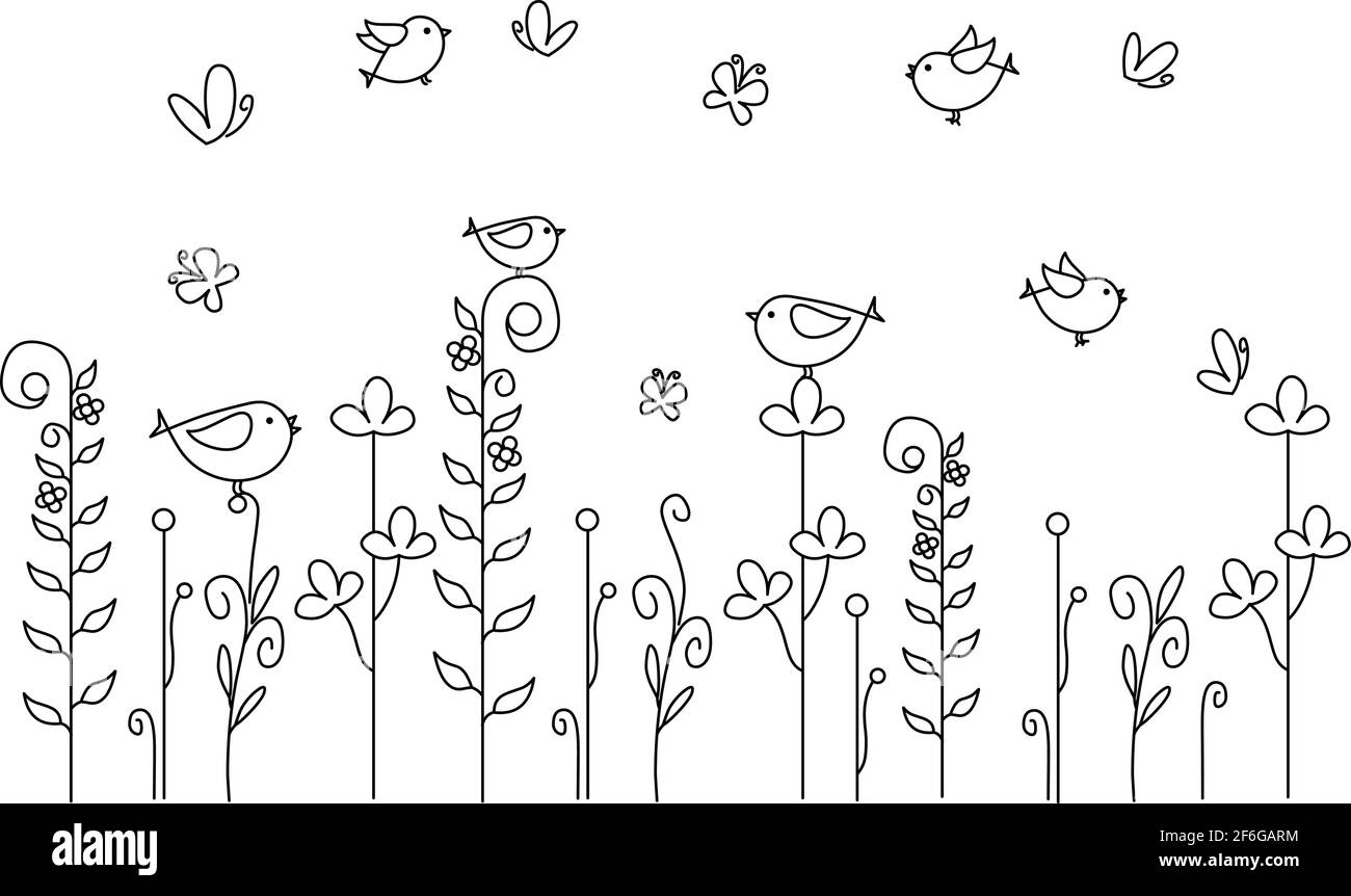 Doodle birds black line drawing summer field on white background Stock Vector