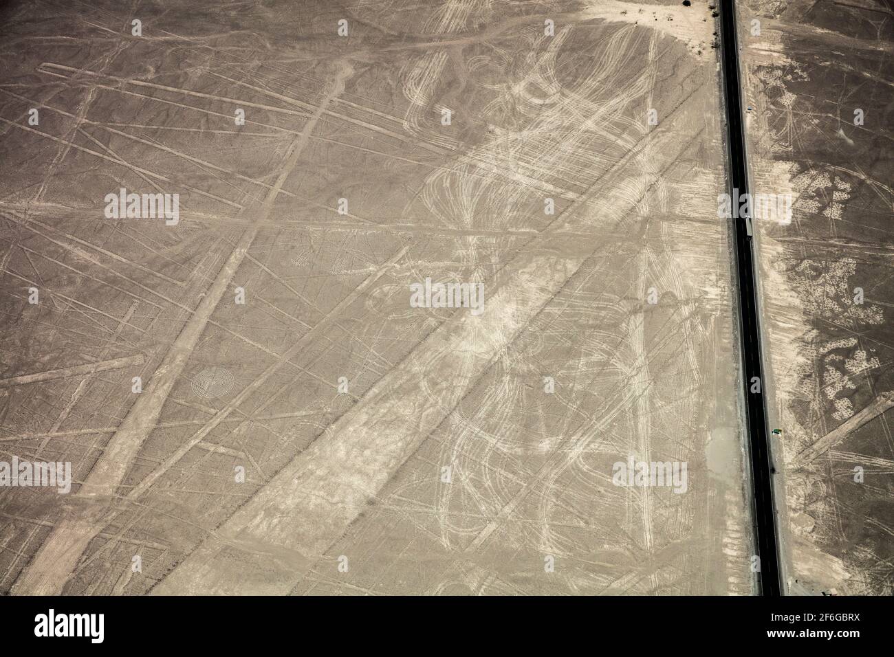 Tyre tracks deface the Nazca geoglyphs in southern Peru Stock Photo